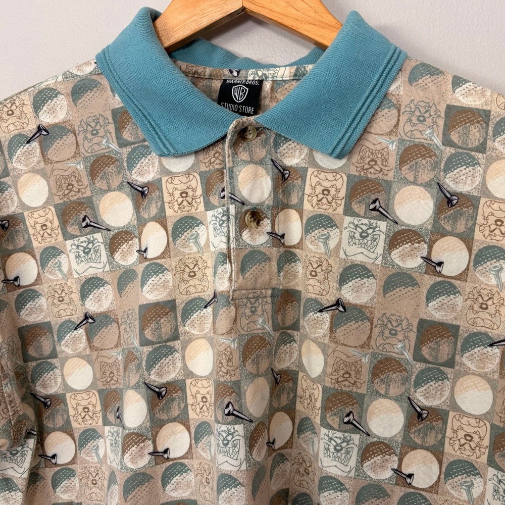 Warner Bros Shirt Men M Tasmanian Devil Looney Tunes Golf All Over Print VTG 90s